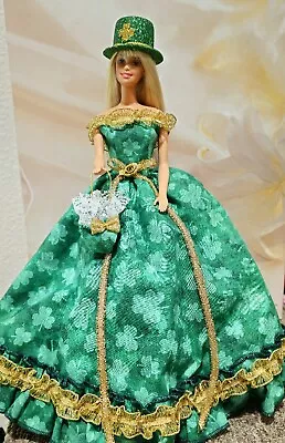 OOAK FASHION For BARBIE ~ GREEN & GOLD 🍀SHAMROCKS🍀 GOWN W/  TOPHAT & HANDBAG • $24.50