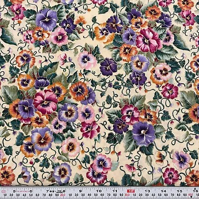 VTG Faye Burgos Marcus Brothers Metallic Pansy Cotton Fabric By The HALF YARD • $6