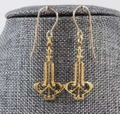 Filigree Brass Gold Art Deco Dangle Earrings - Design B • $10