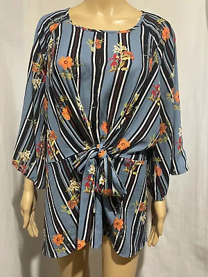 City Chic Size L  Floral  Striped Tie Front  3/4 Kimono Sleeve Top Blouse • $17