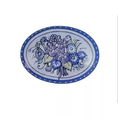 Michaela Frey Blue Enamel Flower Oval Brooch Pin Signed M504 • $29.99
