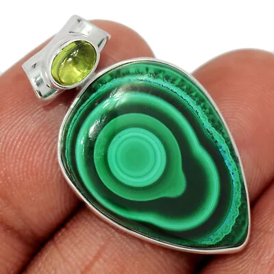 Natural Bulls Eye Malachite - Congo & Peridot 925 Silver Pendant Jewelry CP41072 • £10.29