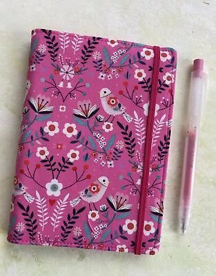 Birds Flowers Pink A6 Notebook Reusable Handmade Fabric Cover Elastic Pad • £7.50