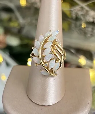 14k Yellow Gold Ladies Opal Diamond Feather Cluster Cocktail Ring Band • $449.99