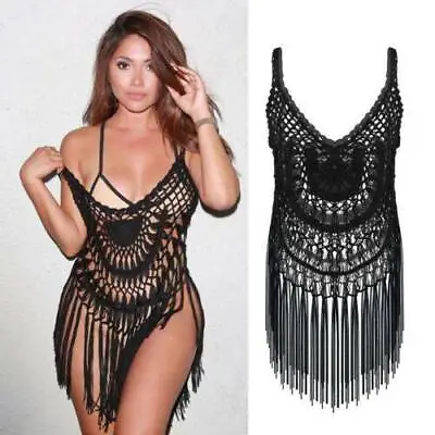 £12.25 • Buy Womens Boho Beach Bikini Cover Up Dress Crochet Fringe Tassel Swimwear Sarong