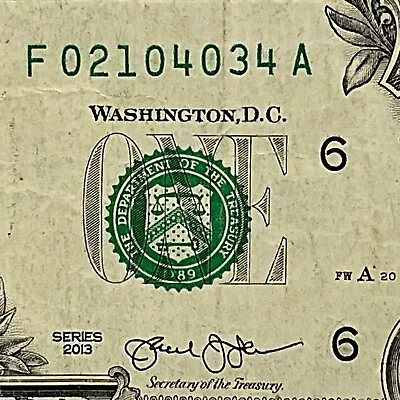 Quinary Fancy Serial Number One Dollar Bill F02104034A FW Only 0s 1s 2s 3s 4s • $3.95