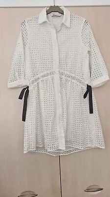 ZARA White Broderie Summer Mini Dress Black Ribbon Ties Size XS • £5.99