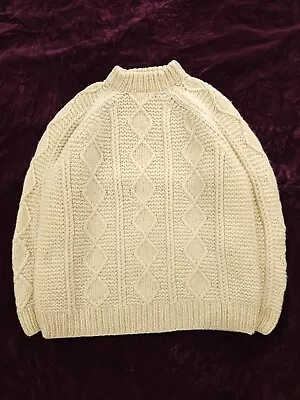 Vintage Handmade Cable Knit Wool Sweater Irish Crewneck Heavyweight L • $43.72