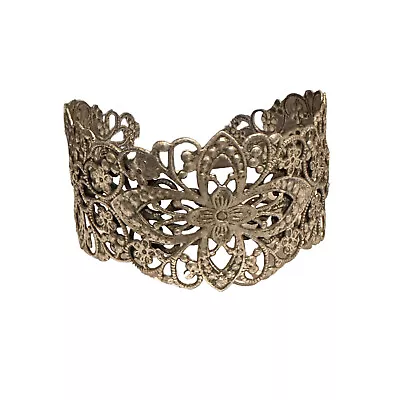 Filigree Cuff Bracelet Silver Tone Wide Floral Vintage • $18.59