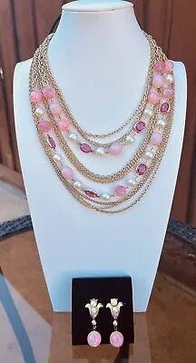 Unsigned Coro Gold Pink Triple Strand Necklace Earrings Mothers Day Grannycore • $24.29