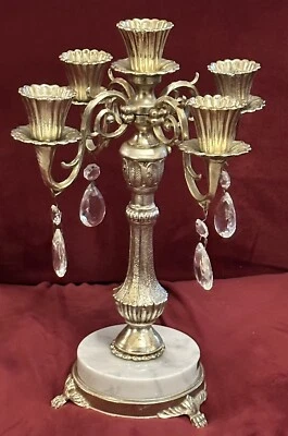 $50 • Buy Vintage Candelabra With Marble Base And Crystal Prisms