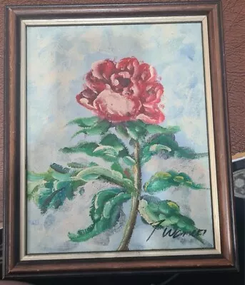 Vintage Framed Floral Oil Painting Red Flower Still Life Sky Signed 30 X 25cm • £38