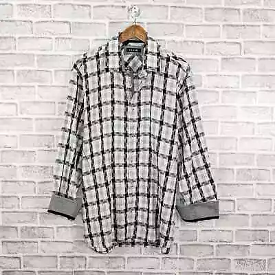 ZAGIRI Men's Button Up Shirt In White Gray Grid Check Flip Cuffs Sz 2XL • $29.99