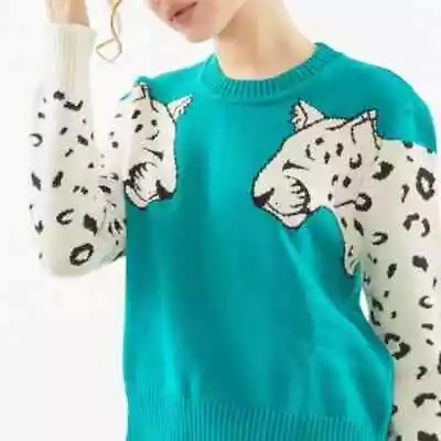 Women's Minkpink Knit Teal Snow Leopard Sweater Size M • $27.99