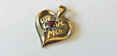10k Yellow Gold We Love Mom Charm 1 Red Sparkling Stone Heart Necklace Pendant • $53