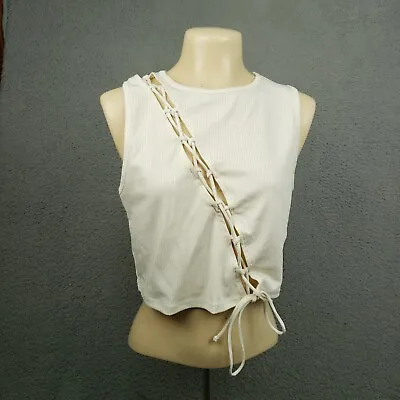 H&M Divided Tops Womens Size L Cream Lacing-Detail Cut-Out Ribbed Crop Top NWT • $12.99