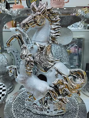 Silver Chrome Glitter Horse With Baby Horse Crystal Ornament Statue Shelf Décor • £19.99