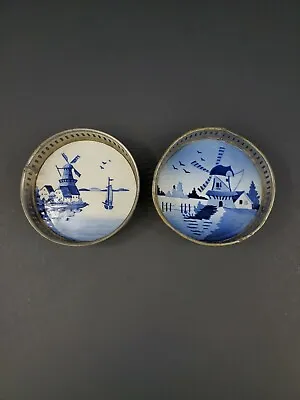 Set Of 2 Delft Blue & White Porcelain Dutch Design Coasters Hand Painted Germany • $9.99