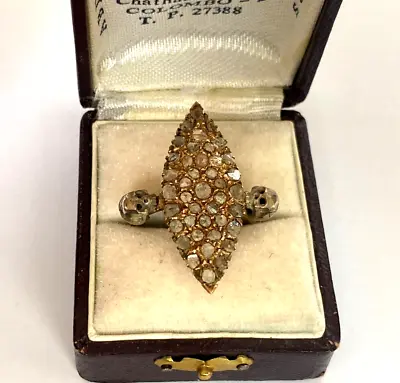 Antique Memento Mori Skulls 18k Solid Gold Silver Diamonds Victorian Ladies Ring • $1098.50
