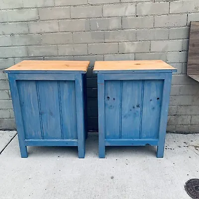 Pair Duck Blue Bedside Tables Pine Wood Coastal Hampton Country  Tongue & Groove • $199.99