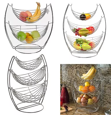2 & 3 Tier Chrome Swinging Fruit Vegetable Bowl Basket Rack Storage Stand Holder • £12.30