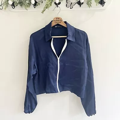Zara Blue Satin Bomber Lightweight Jacket Full Zip Small • $15