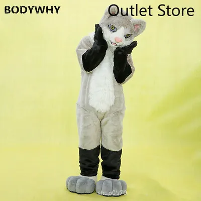 Halloween Fursuit Long Fur Gray Cat Dog Mascot Costume Cosplay Party AD Xmas • $1125.66