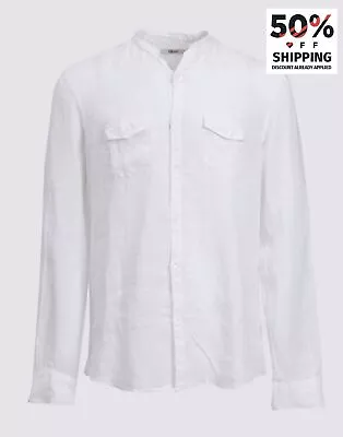 GAUDI JEANS Linen Button-Up Shirt Size XXL White Frayed Edges Mandarin Collar • $37.29