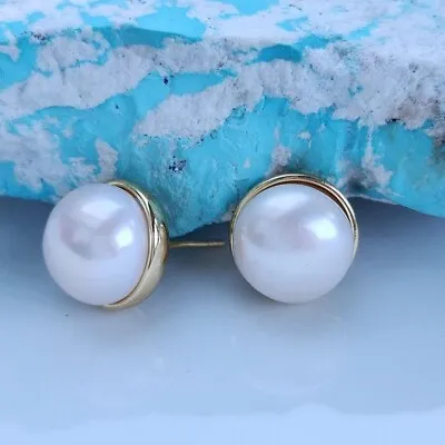 Natural Mabe Pearl Japanese White 13mm Stud Earrings Yellow Gold Plated Silver • $53.27