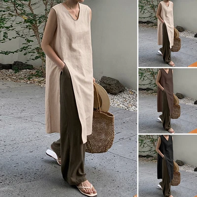 $24.02 • Buy ZANZEA Womens Sleeveless V Neck Asymmetrical Sundress High Split Party Dress HOT