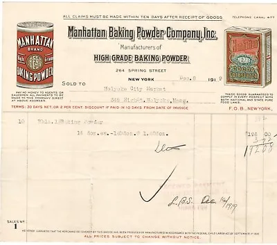 1919 Manhattan Baking Powder Co Inc Nyc Bill Head Holyoke City Market Ma • $24.95