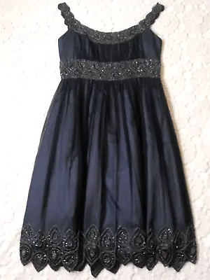 Adrianna Papell Evening Dress Fit Flare Navy Blue Silk Beaded Sleeveless 8 Women • $24.99