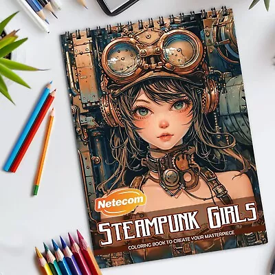 Steampunk Girls Spiral Bound Coloring Book For Adults Easy Color Stress Relief • $15.19