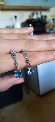 Antique Victorian 925 Sterling Silver Blue Topaz Paste Marcasite Earrings  • £7.99