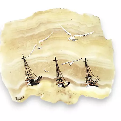 VTG Agate Paperweight Artist Signed Nautical Maritime Sailboats & Birds Ships • $29.99