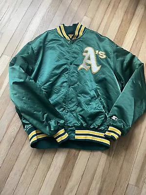 Vintage Oakland Athletics STARTER Jacket Large MLB Satin Bomber Coat A's XL • $109.99