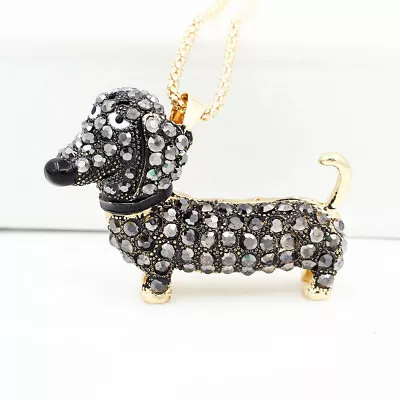 New Cute Enamel Crystal Dachshund Dog Pendant Sweater Necklace 4 Colour Options • $6.99
