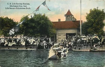 1917 US Lifesaving Station Exhibition Drill Michigan City Indiana Postcard • $9.99