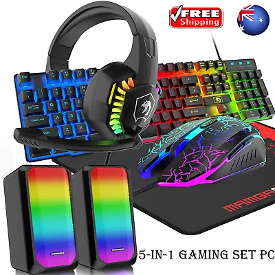 Gaming Keyboard And Mouse And Computer Speaker And Gaming HeadsetWired 5in1 RGB • $83.90