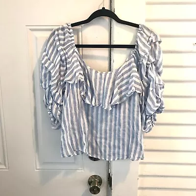 Zara Blue White Stripe Puff Sleeve Scoop Neck Cropped Blouse Size Small • $14