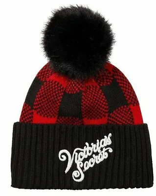 Victorias Secret Jacquard Logo Knit Winter Beanie Hat Black Red Plaid Pom Pom • $13.75