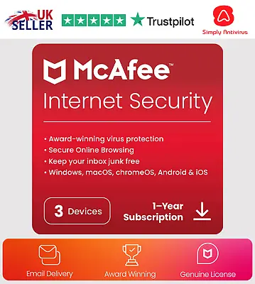 McAfee Internet Security Antivirus 2024 3 Devices 1 Year 5 Minute EMAIL Delivery • £5.42