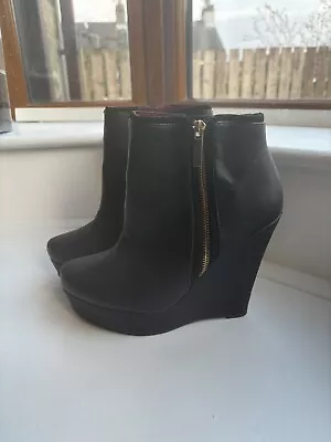 Miss Selfridge Black Leather Wedge Boots - Size 6 • £9.99