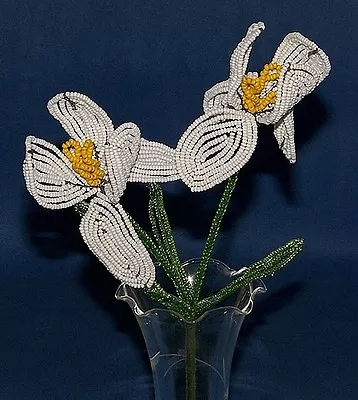 Vintage French Glass Beaded White Iris (2) Flower Bouquet • $27.99