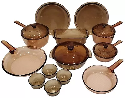 Set Of 17 Vision WARE Visions Corning Pyrex Amber Brown Glass Cookware W/ Lids • $199.99