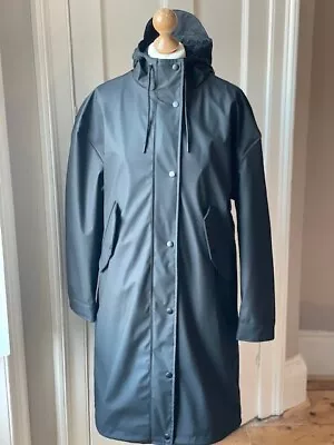 Marks And Spencer Black Rubberised Hooded Lined Raincoat Size Small Nwot • £39