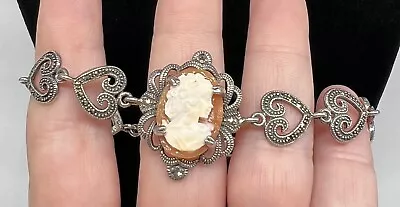 FESSENDON & Co Vintage Sterling Silver Cameo Marcasites Heart 7.5” Bracelet • $47.99