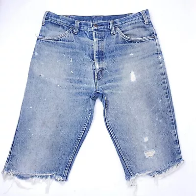 Vintage JC Penney Plain Pockets Distressed Denim Cut Off Longer Shorts 34x13 USA • $31.99