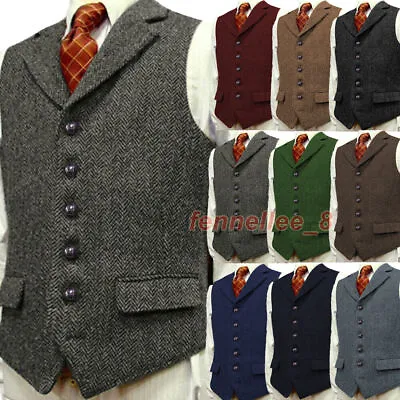 Men Vintage Tweed Herringbone Vest Formal Notch Lapel Waistcoat Casual Slim Tops • $34.39