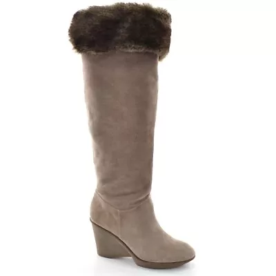 Womens B. Makowsky Natalie Over The Knee Boots 8.5 M Taupe Suede Fur Cuff Shoes • $59.99